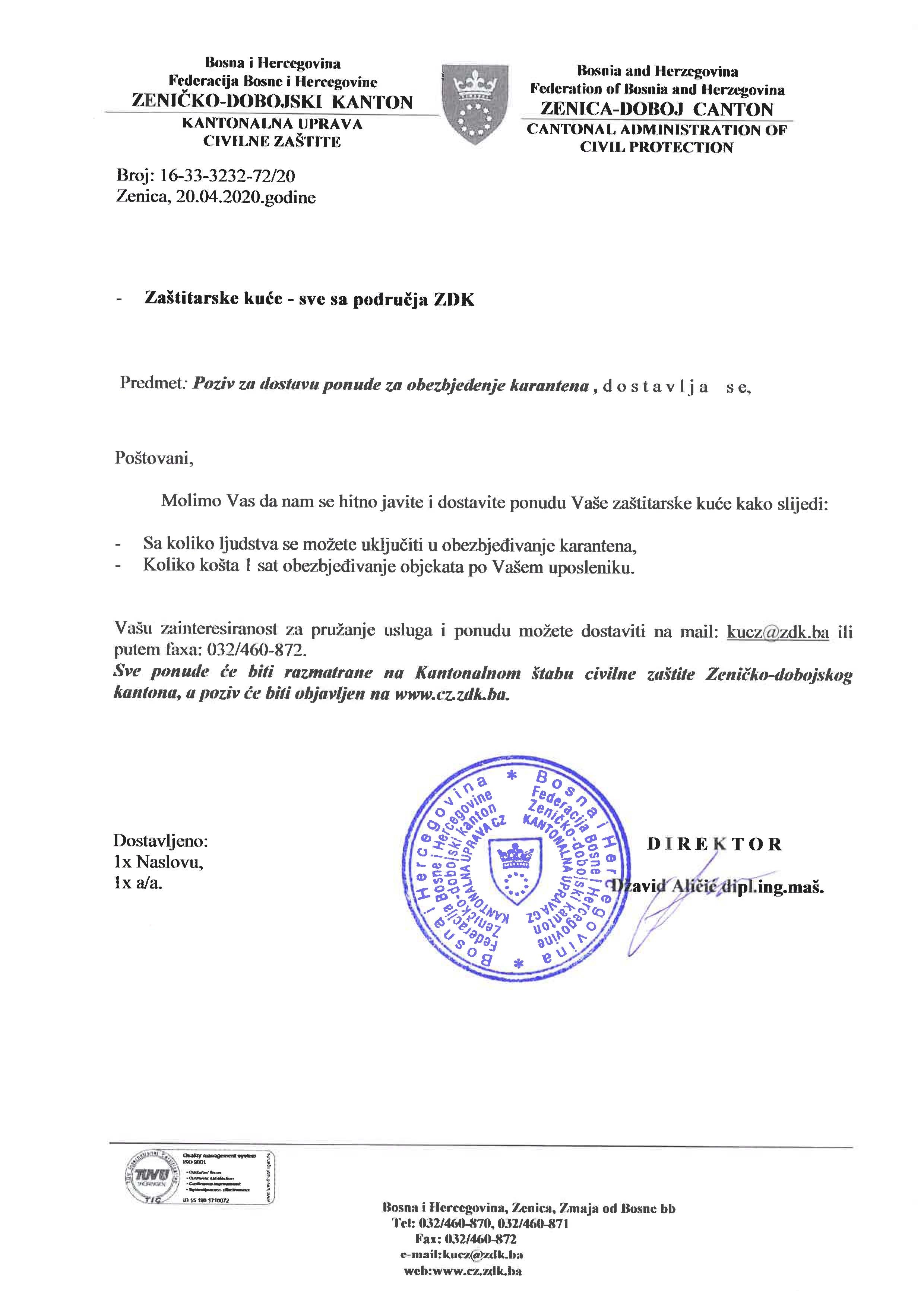 Poziv za dostavu ponude za obezbjeđenje karantena